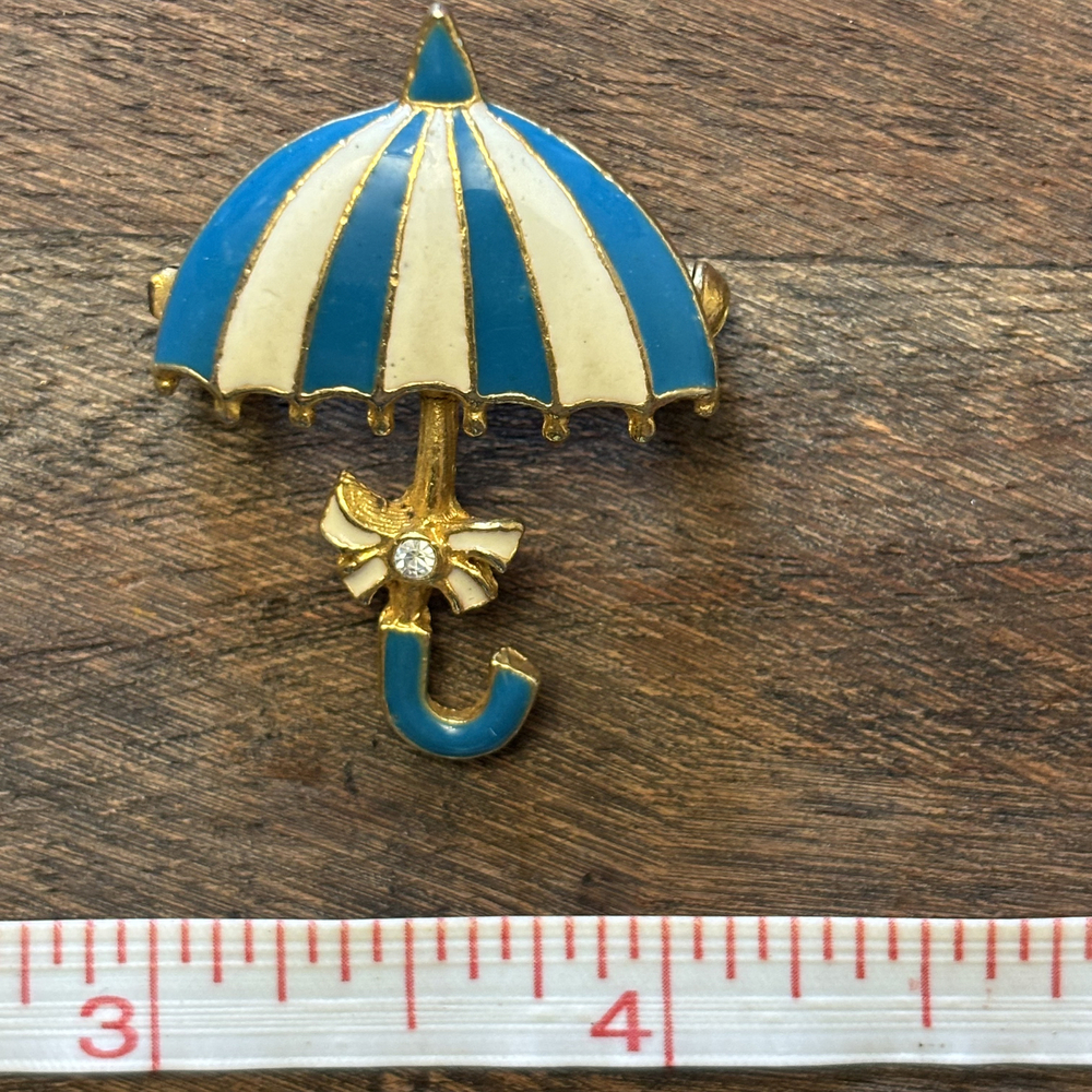 Faux Enamel Striped Umbrella Brooch Gold Tone